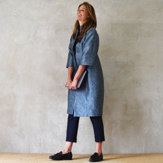 The Frink Coat in a Teal Swirl Silk Mix Brocade