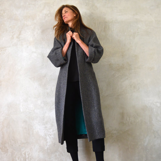 the long frink in small blue check lovat tweed image 0