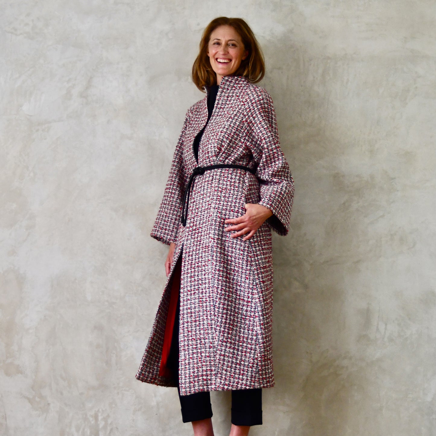 the long frink in red, ecru and navy wool boucle image 0