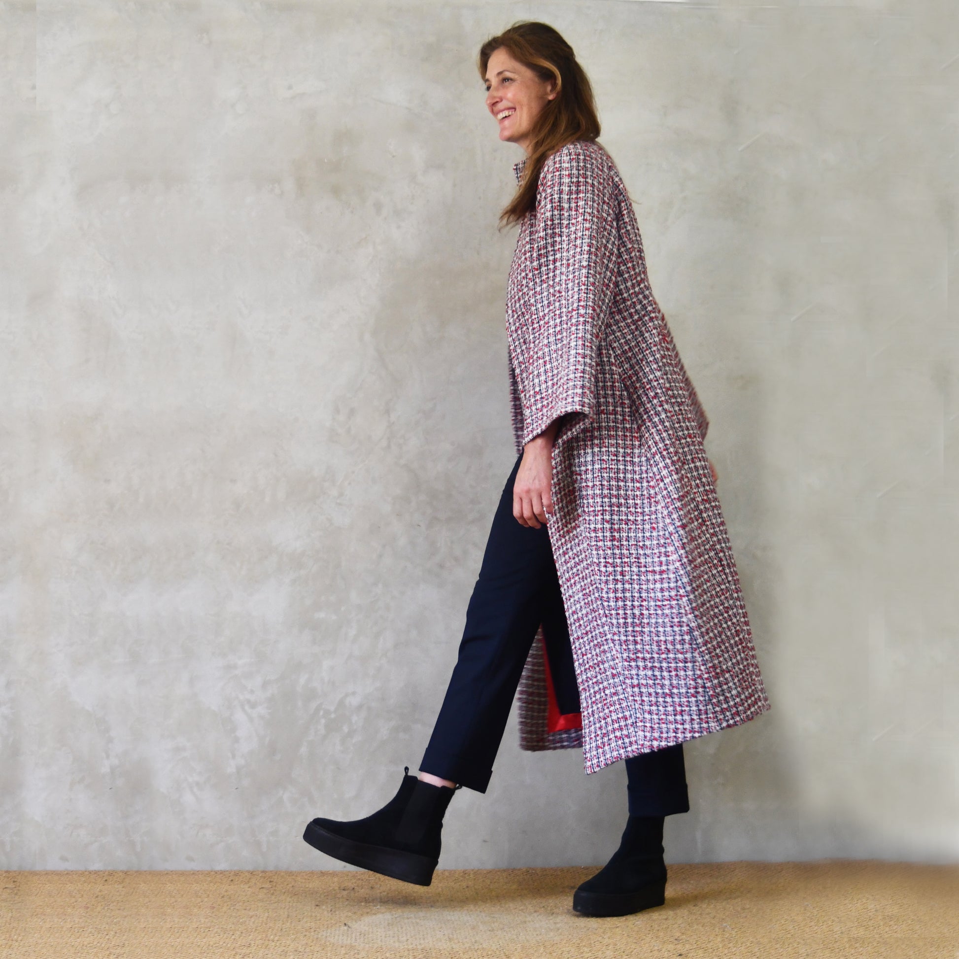 the long frink in red, ecru and navy wool boucle image 5