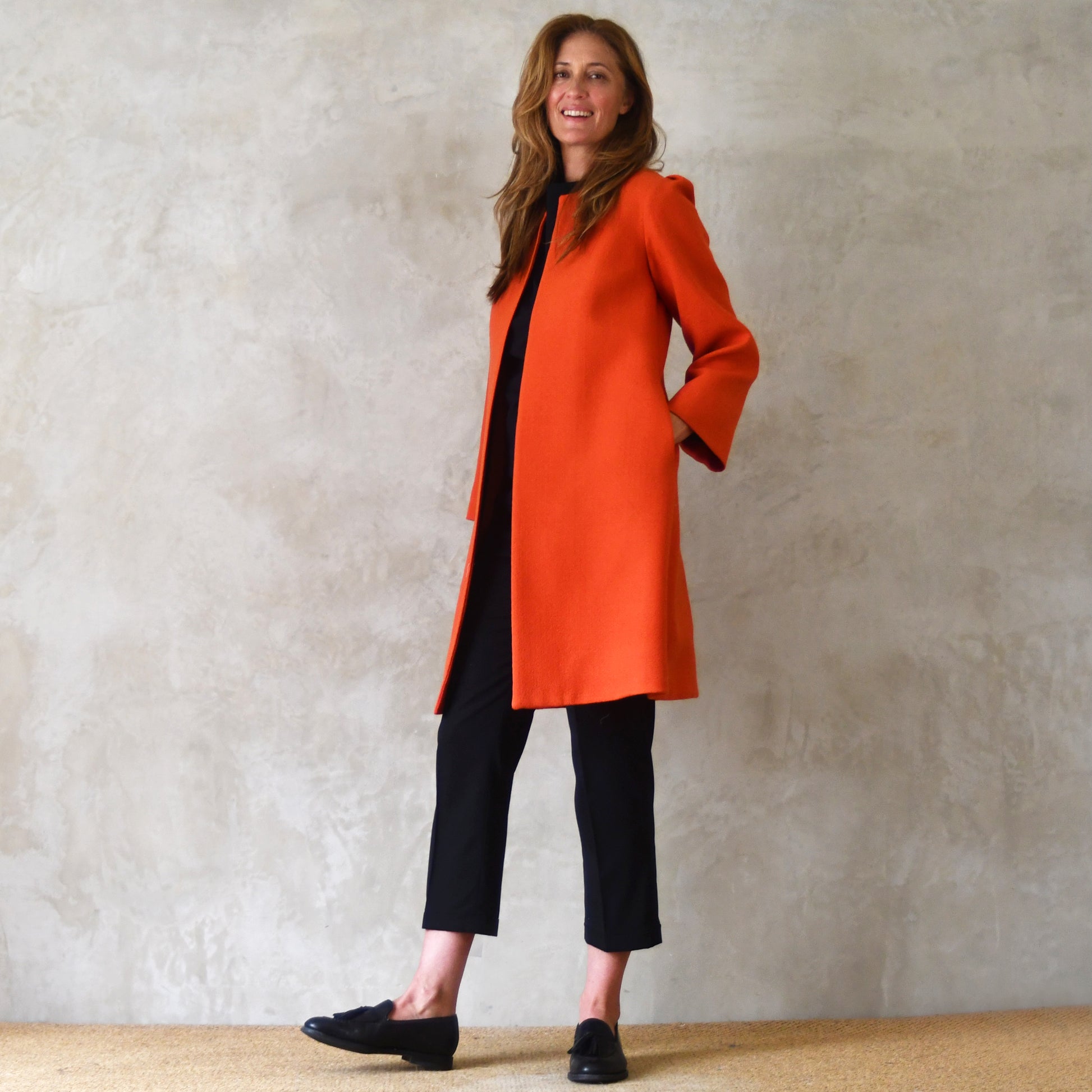 the john coat in burnt orange wool crepe image 6