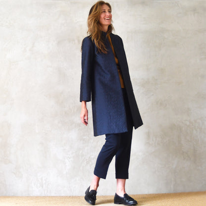 the garnett coat in dark navy bubble brocade image 0