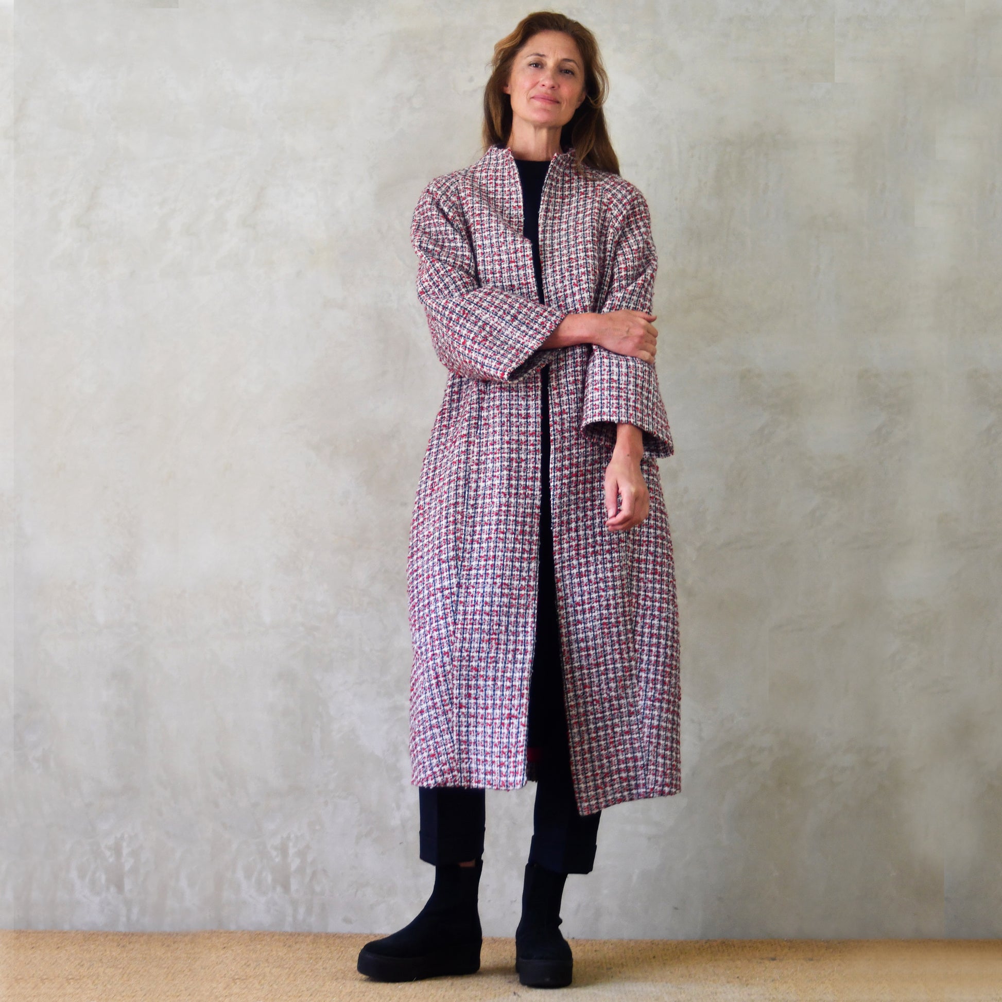 the long frink in red, ecru and navy wool boucle image 2