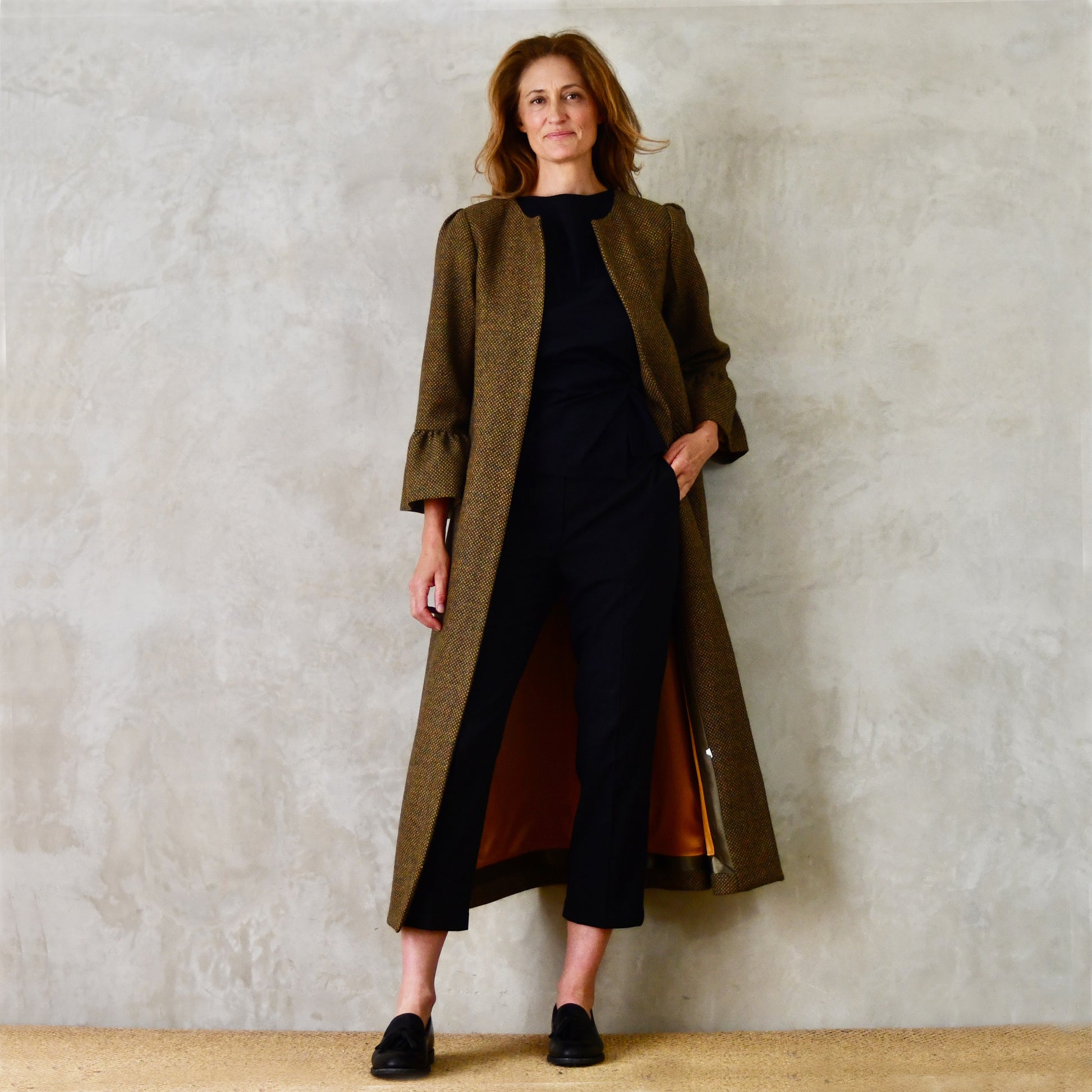 the delany coat in green-orange tiger eye tweed image 9