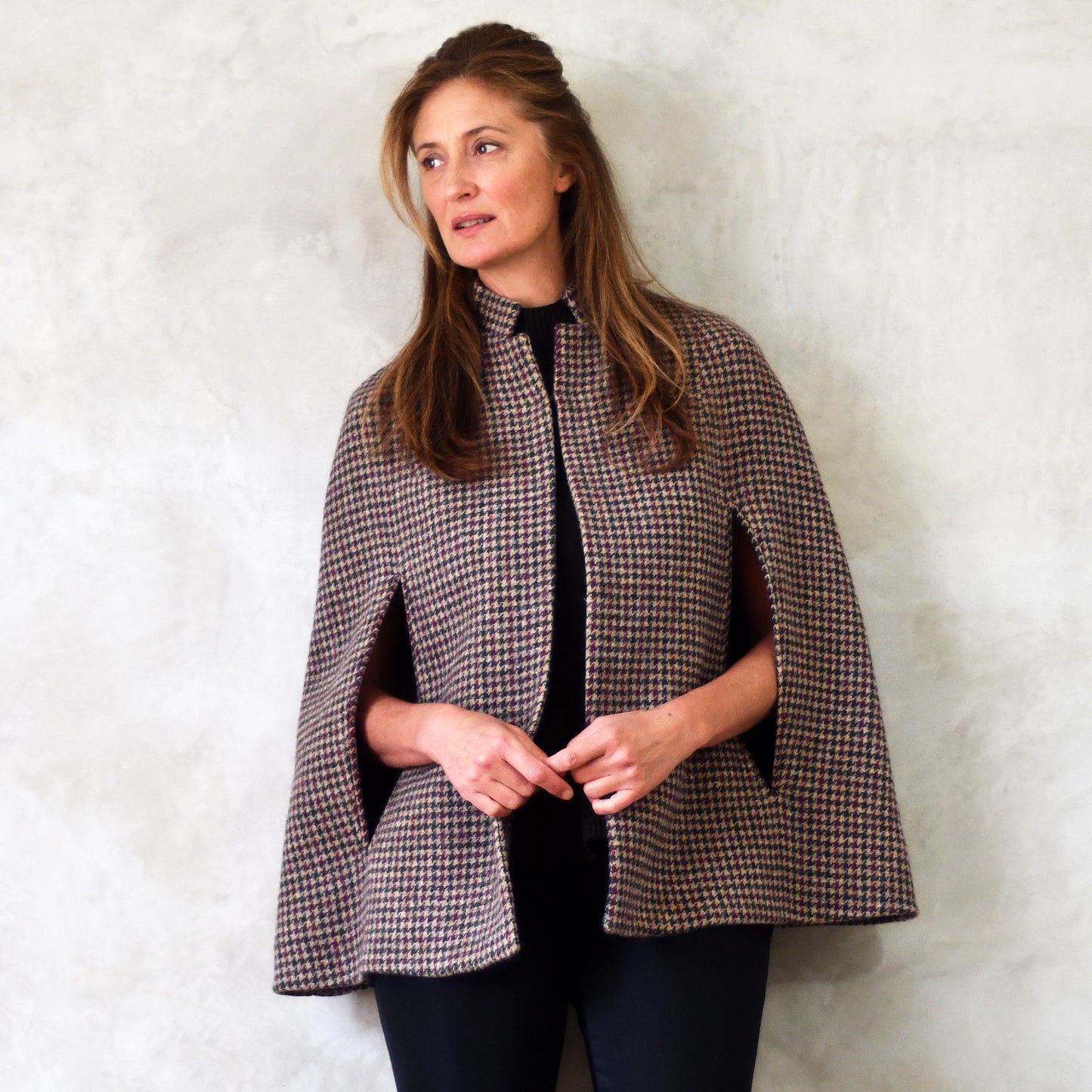 the clayton cape in camel, red and green check lovat tweed image 0