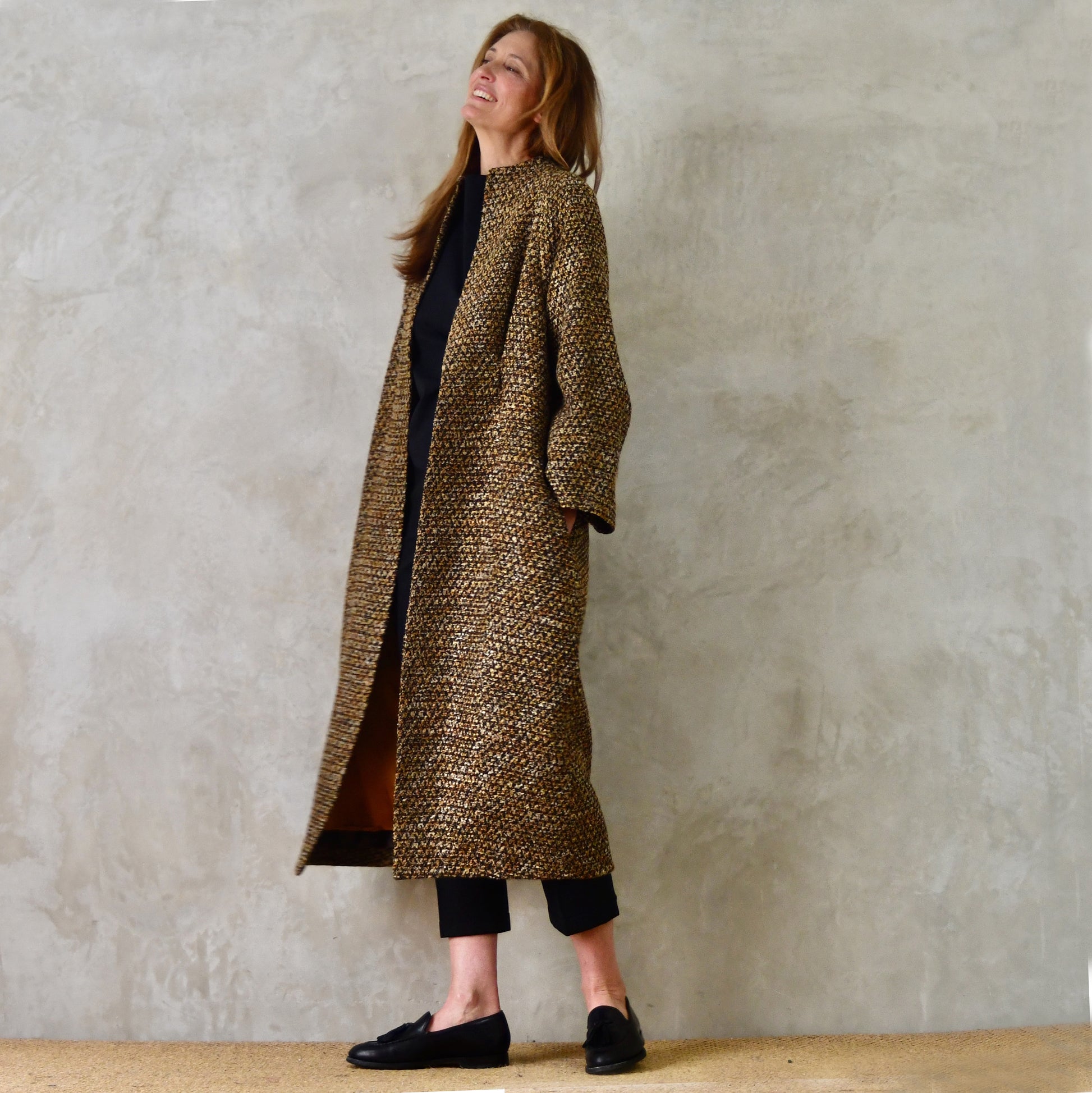 the long frink in golden brown, black and camel bouclé image 2