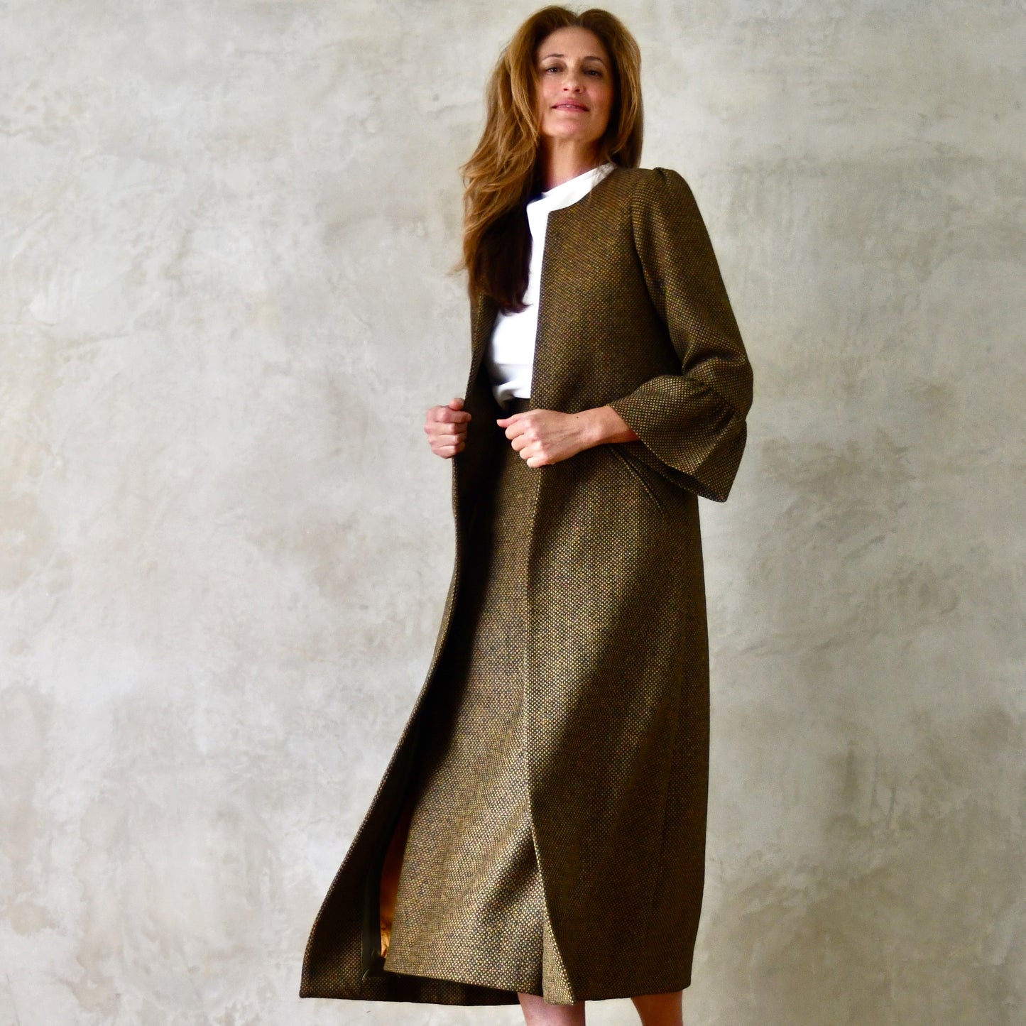 the delany coat in green-orange tiger eye tweed image 0