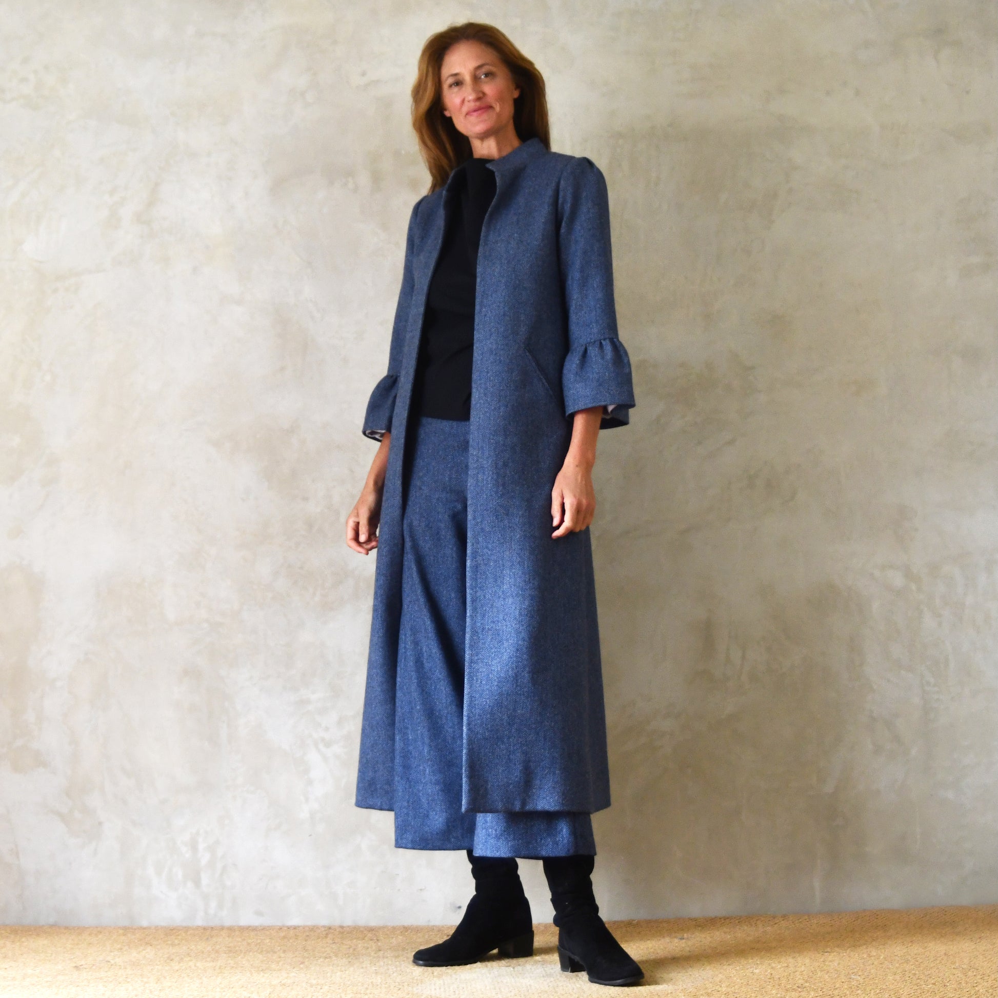 the delany coat in denim blue lambswool herringbone tweed image 2