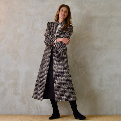 the delany coat in ivory, black, brown and copper bouclé image 10
