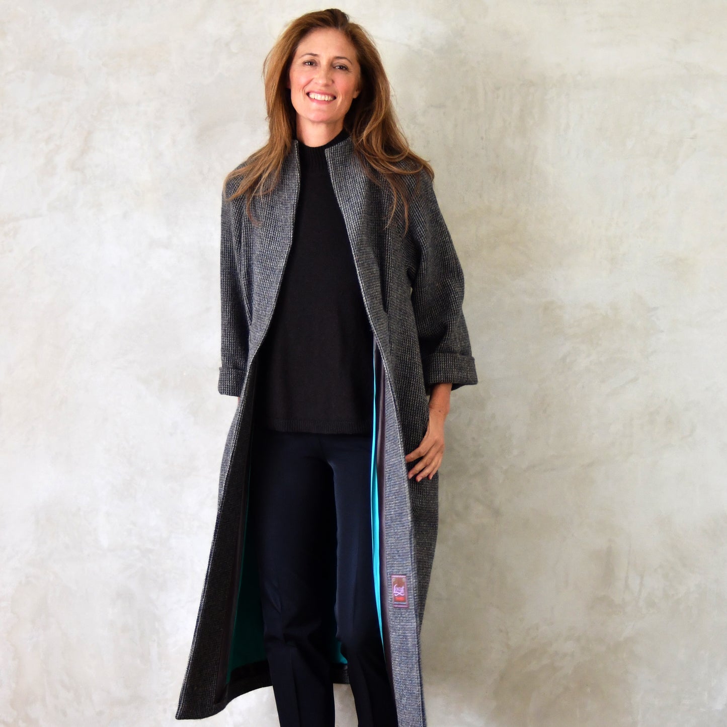 the long frink in small blue check lovat tweed image 0