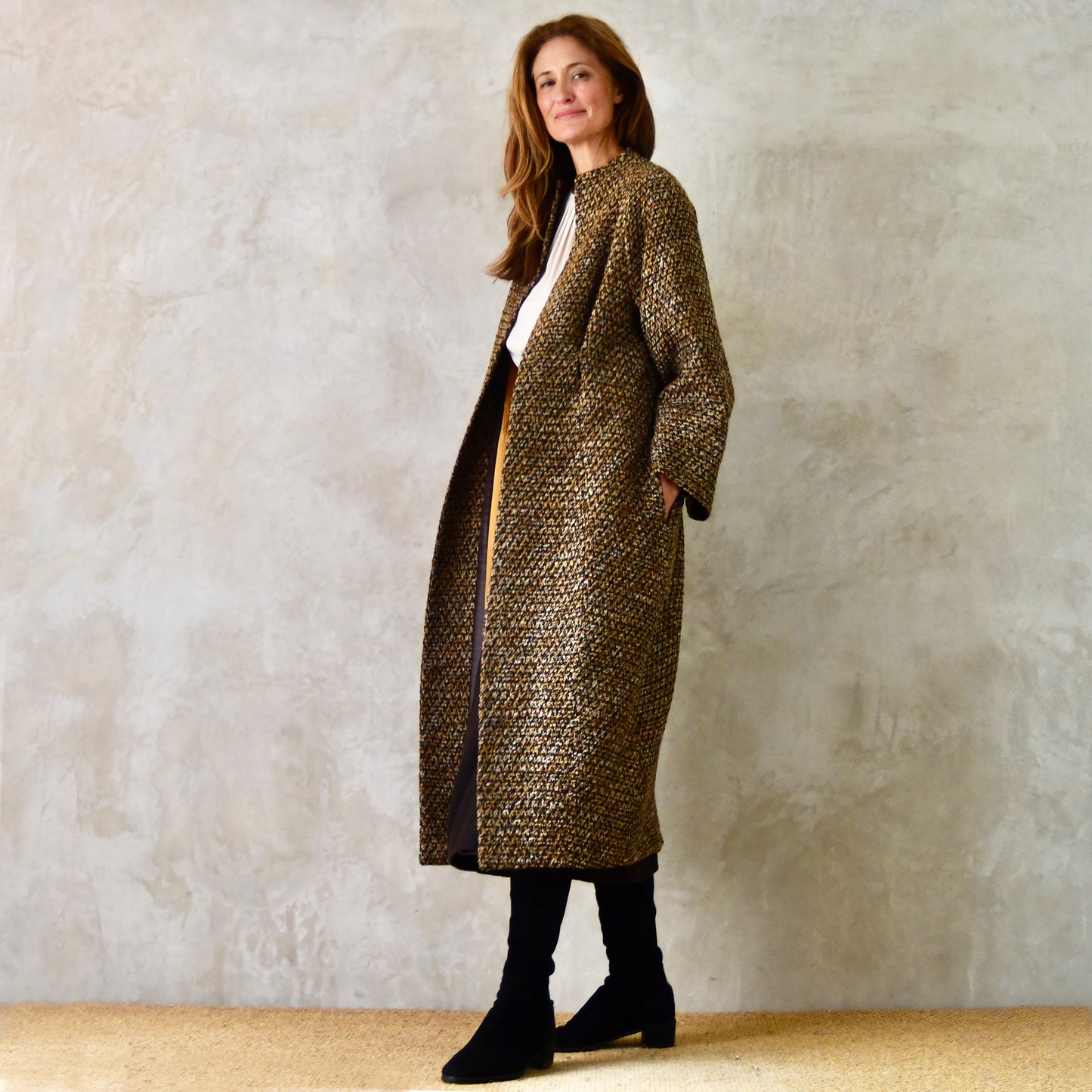 the long frink in golden brown, black and camel bouclé image 0