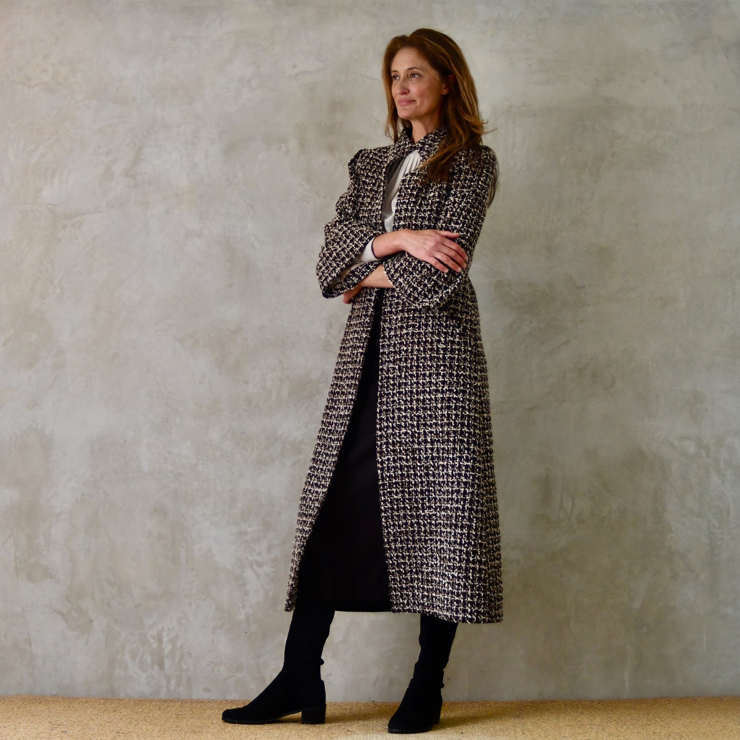 the delany coat in ivory, black, brown and copper bouclé image 1