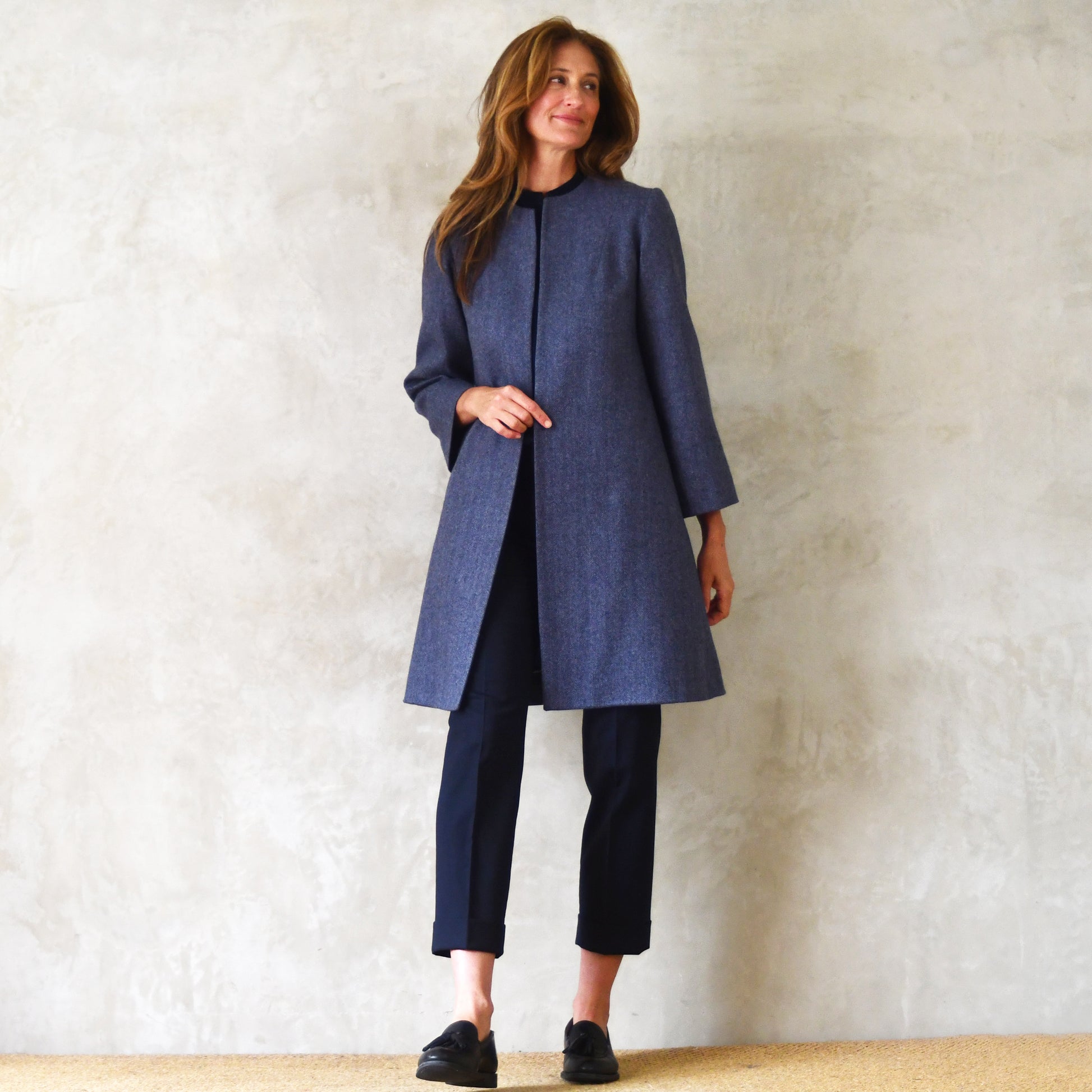 the garnett coat in blue herringbone lambswool tweed image 6