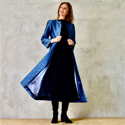 The Bell Coat in Blue Flower Brocade
