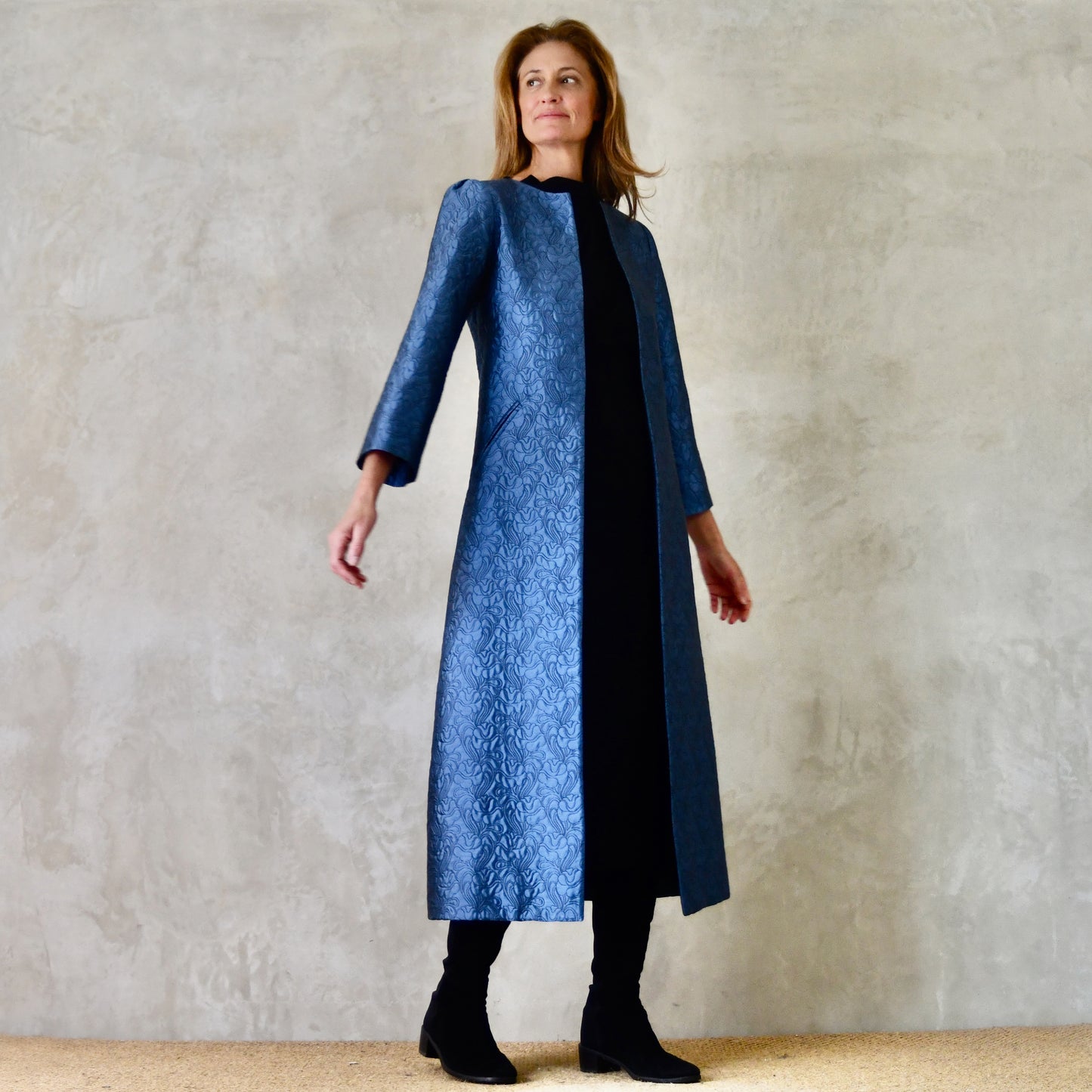 The Bell Coat in Blue Flower Brocade