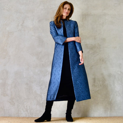 The Bell Coat in Blue Flower Brocade