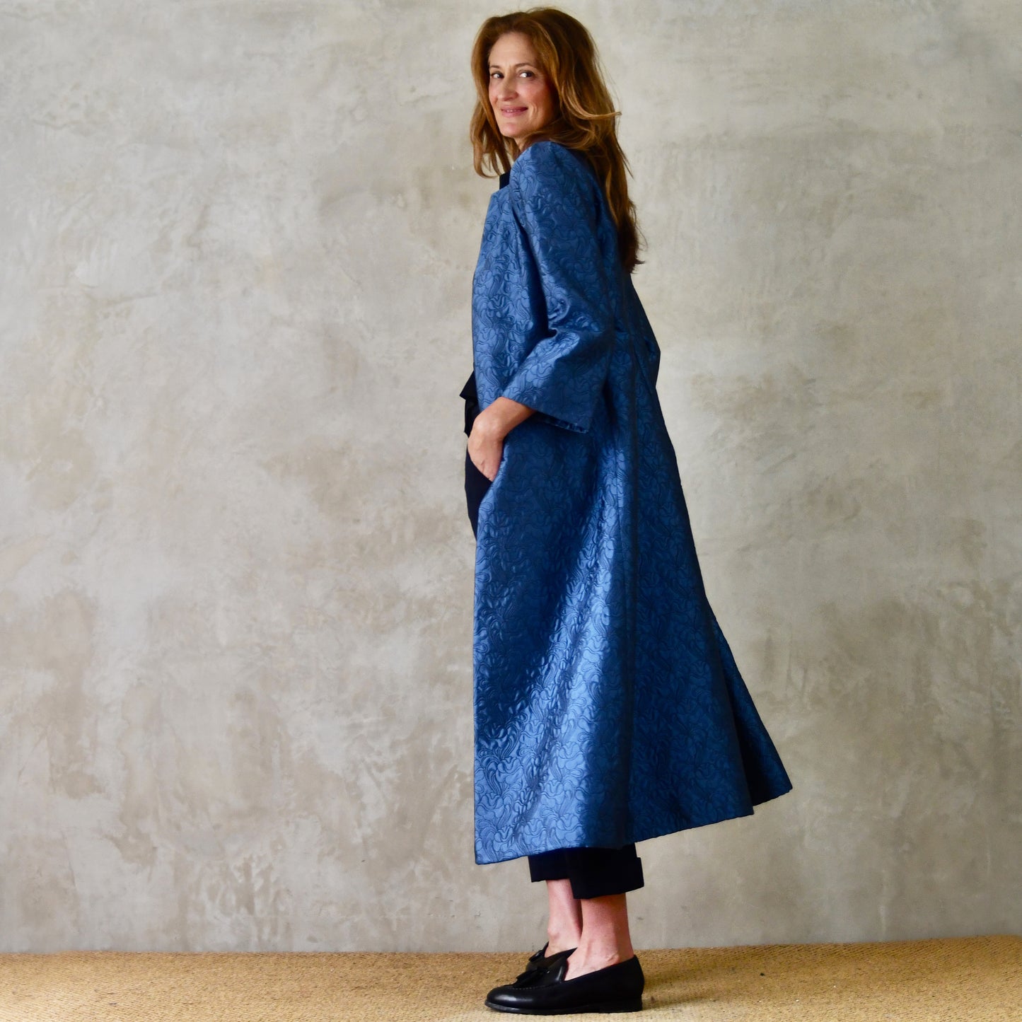The Bell Coat in Blue Flower Brocade