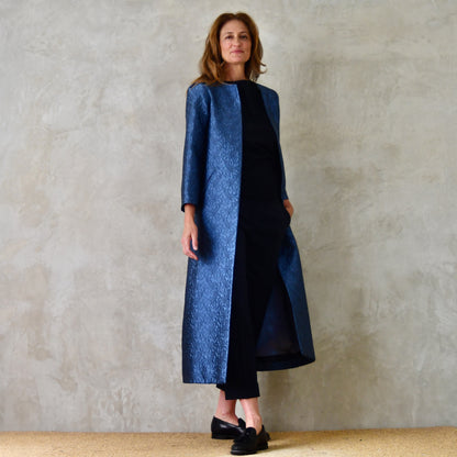 The Bell Coat in Blue Flower Brocade