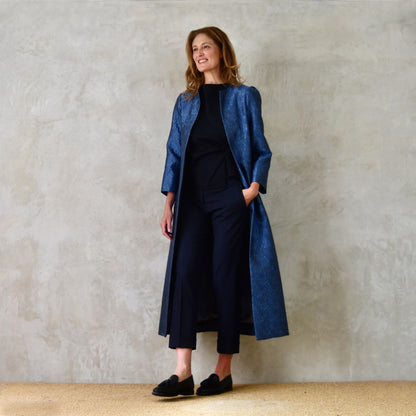 The Bell Coat in Blue Flower Brocade
