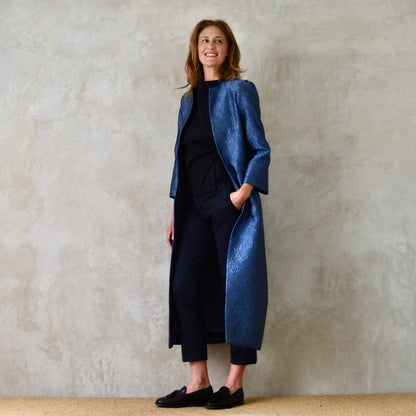 The Bell Coat in Blue Flower Brocade