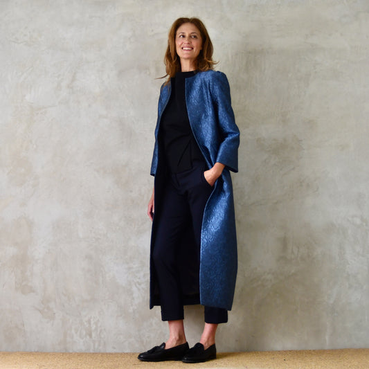 The Bell Coat in Blue Flower Brocade