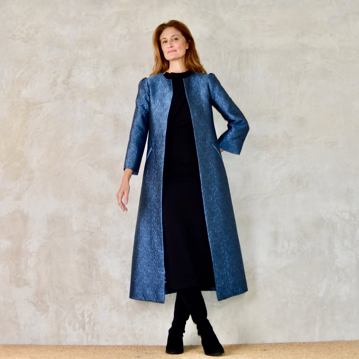 The Bell Coat in Blue Flower Brocade