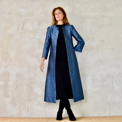 The Bell Coat in Blue Flower Brocade