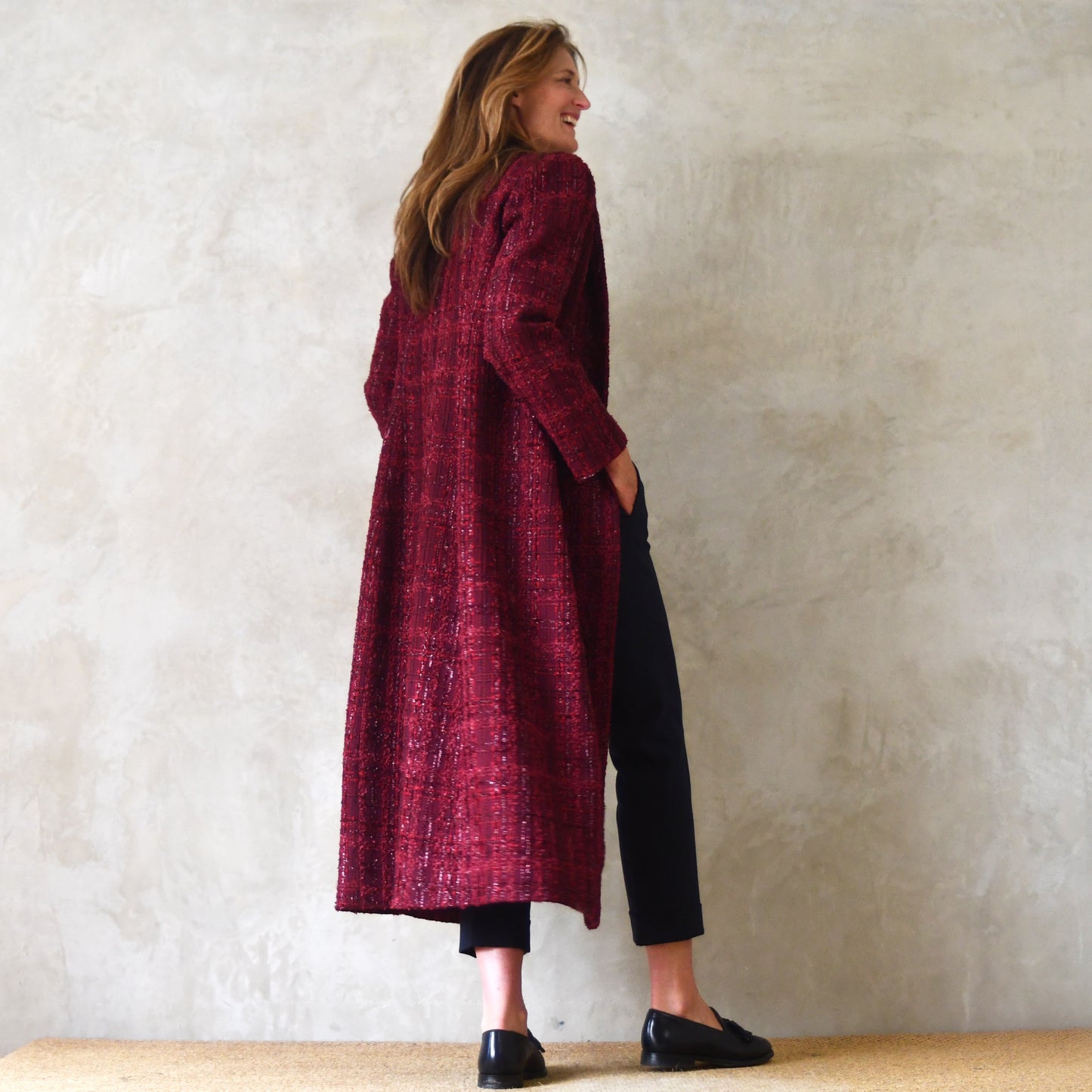 The Biffin in Rich Wine Coloured Metallic Boucle