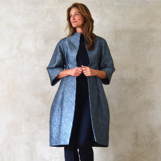 The Frink Coat in a Teal Swirl Silk Mix Brocade