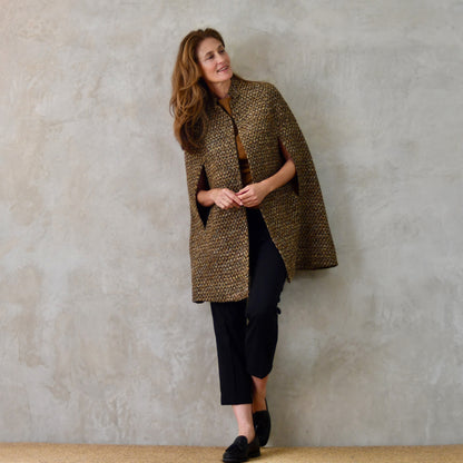 The Long Clayton Cape in Golden Brown, Black and Camel Boucle