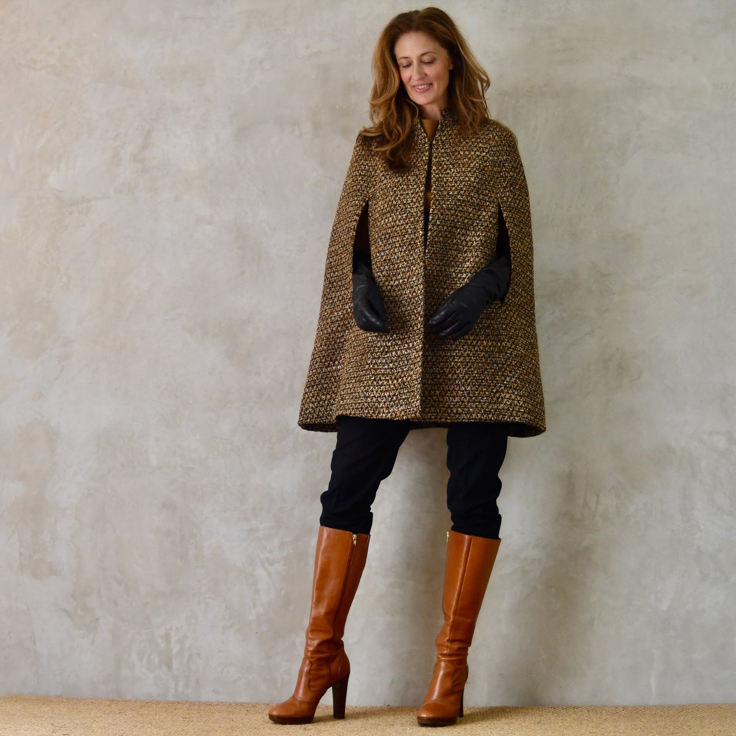 The Long Clayton Cape in Golden Brown, Black and Camel Boucle