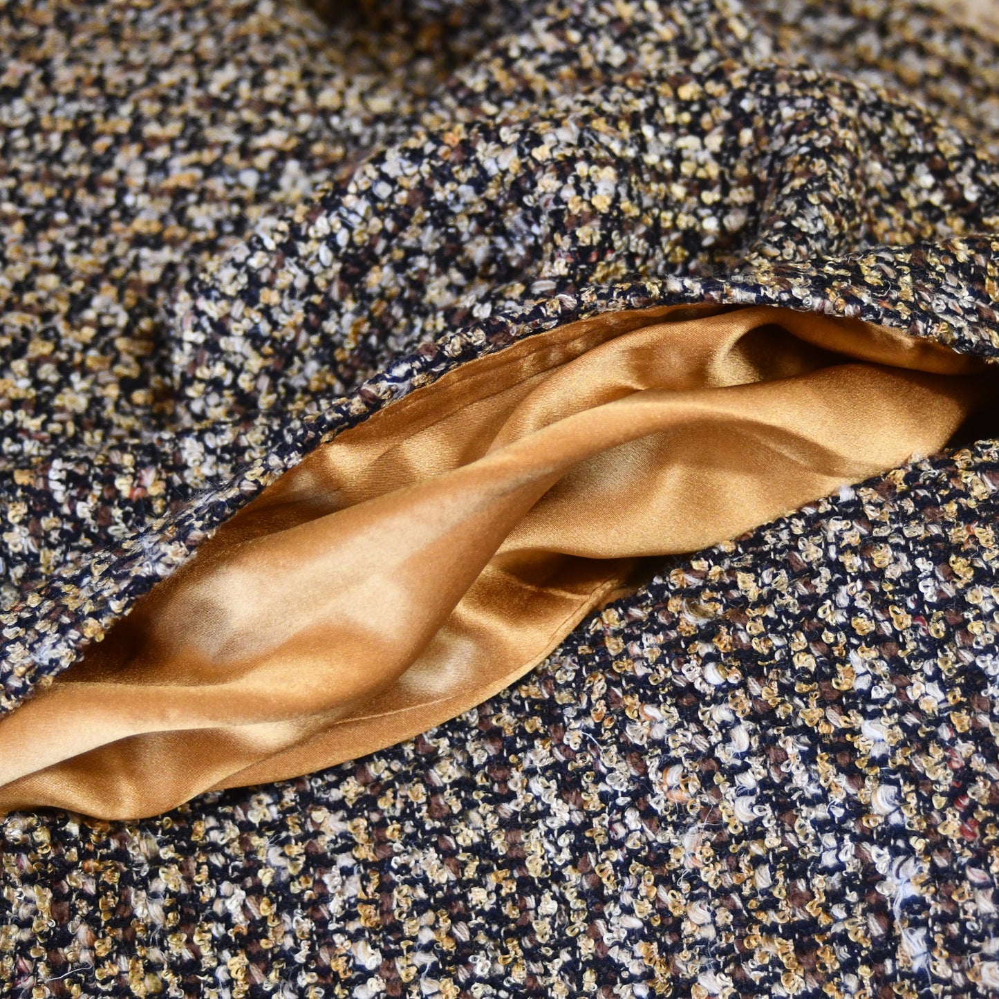 The Long Clayton Cape in Golden Brown, Black and Camel Boucle