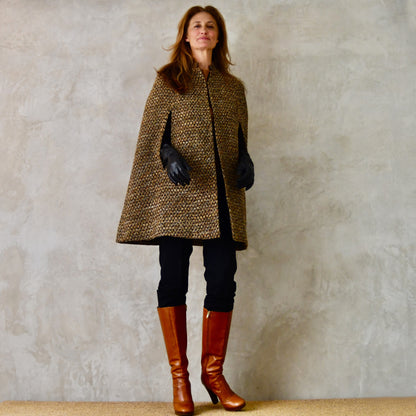 The Long Clayton Cape in Golden Brown, Black and Camel Boucle