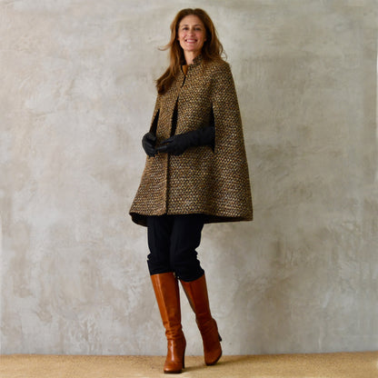 The Long Clayton Cape in Golden Brown, Black and Camel Boucle