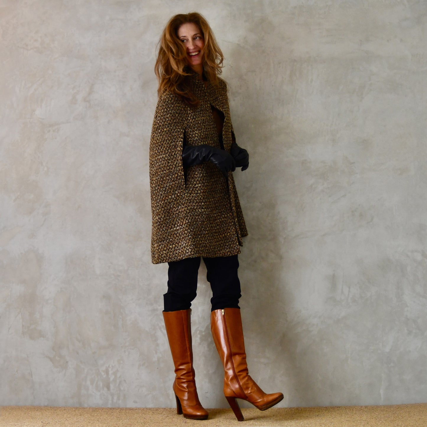 The Long Clayton Cape in Golden Brown, Black and Camel Boucle