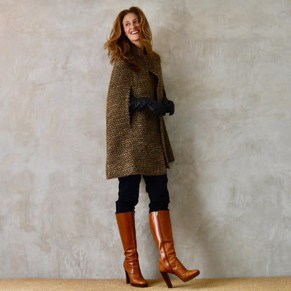 The Long Clayton Cape in Golden Brown, Black and Camel Boucle