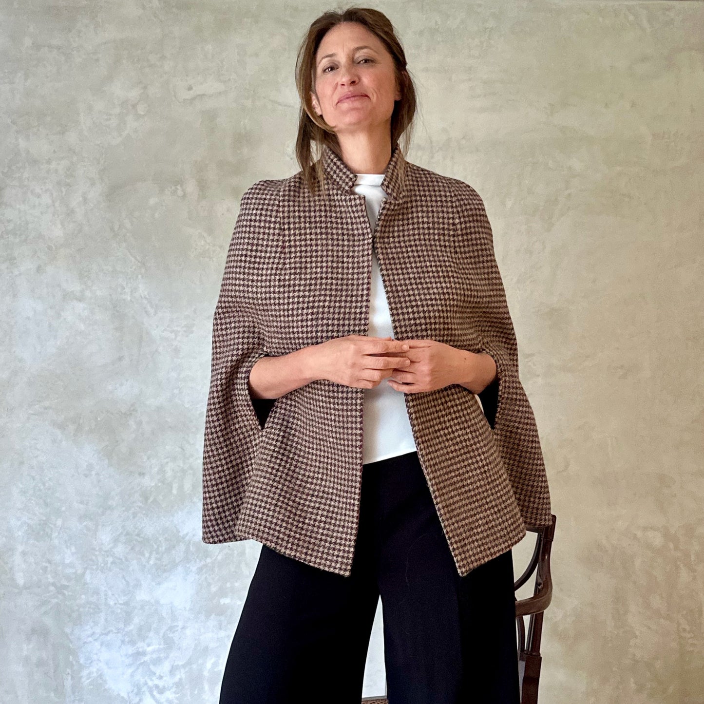 the clayton cape in camel, red and green check lovat tweed image 12