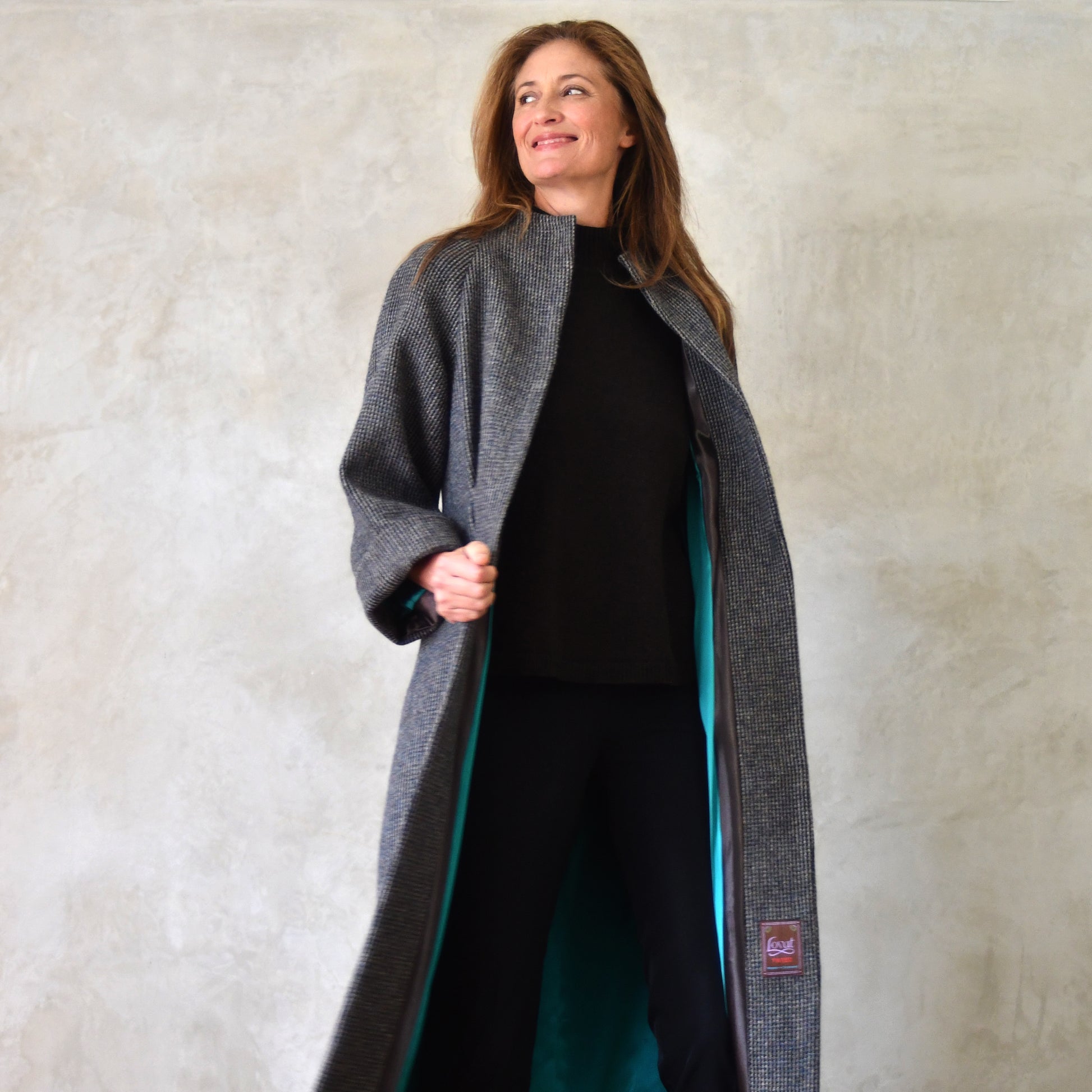 the long frink in small blue check lovat tweed image 7