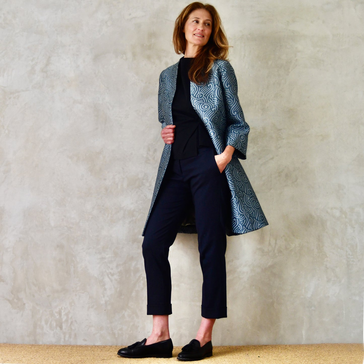 the ganz coat in teal silk mix brocade image 1