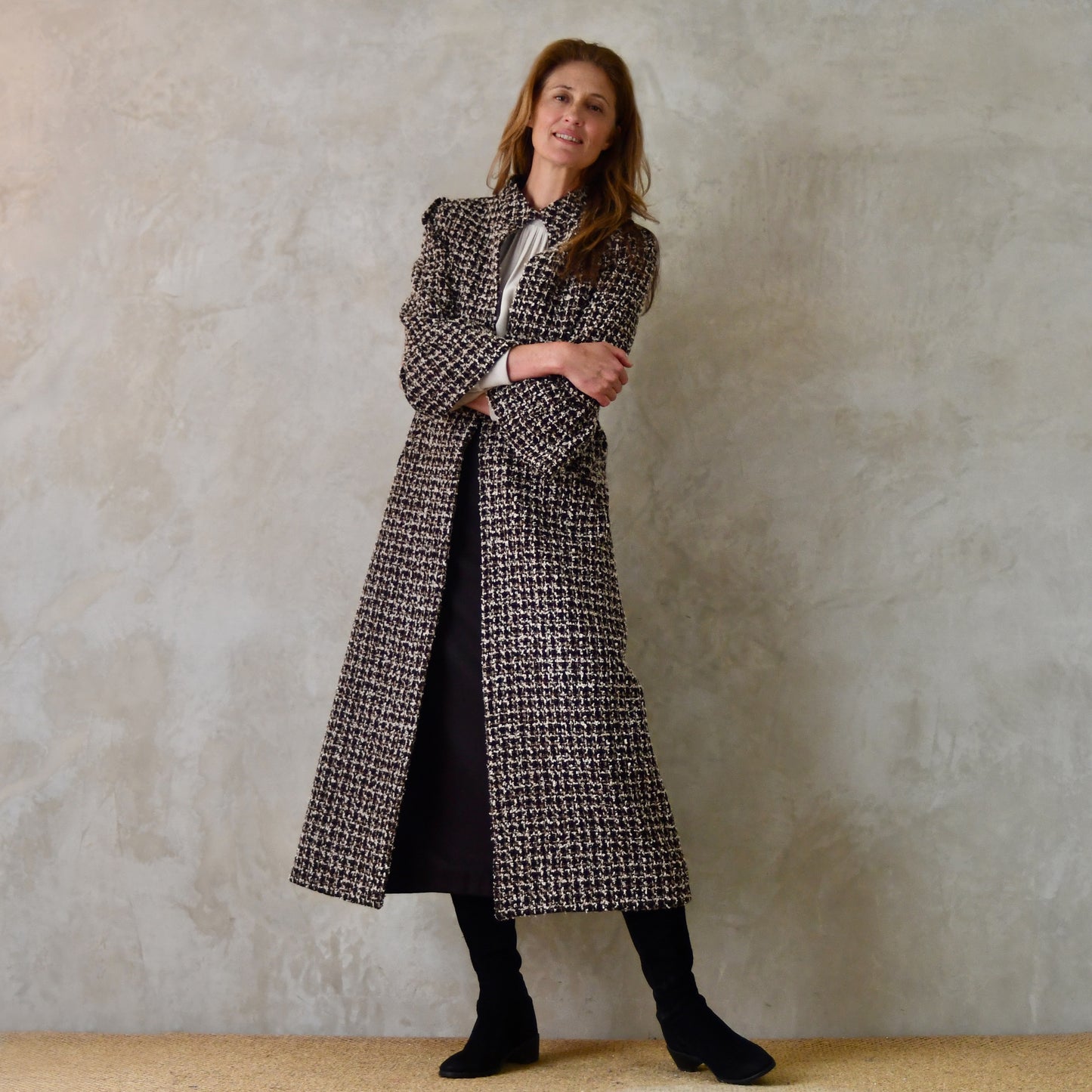the delany coat in ivory, black, brown and copper bouclé image 0